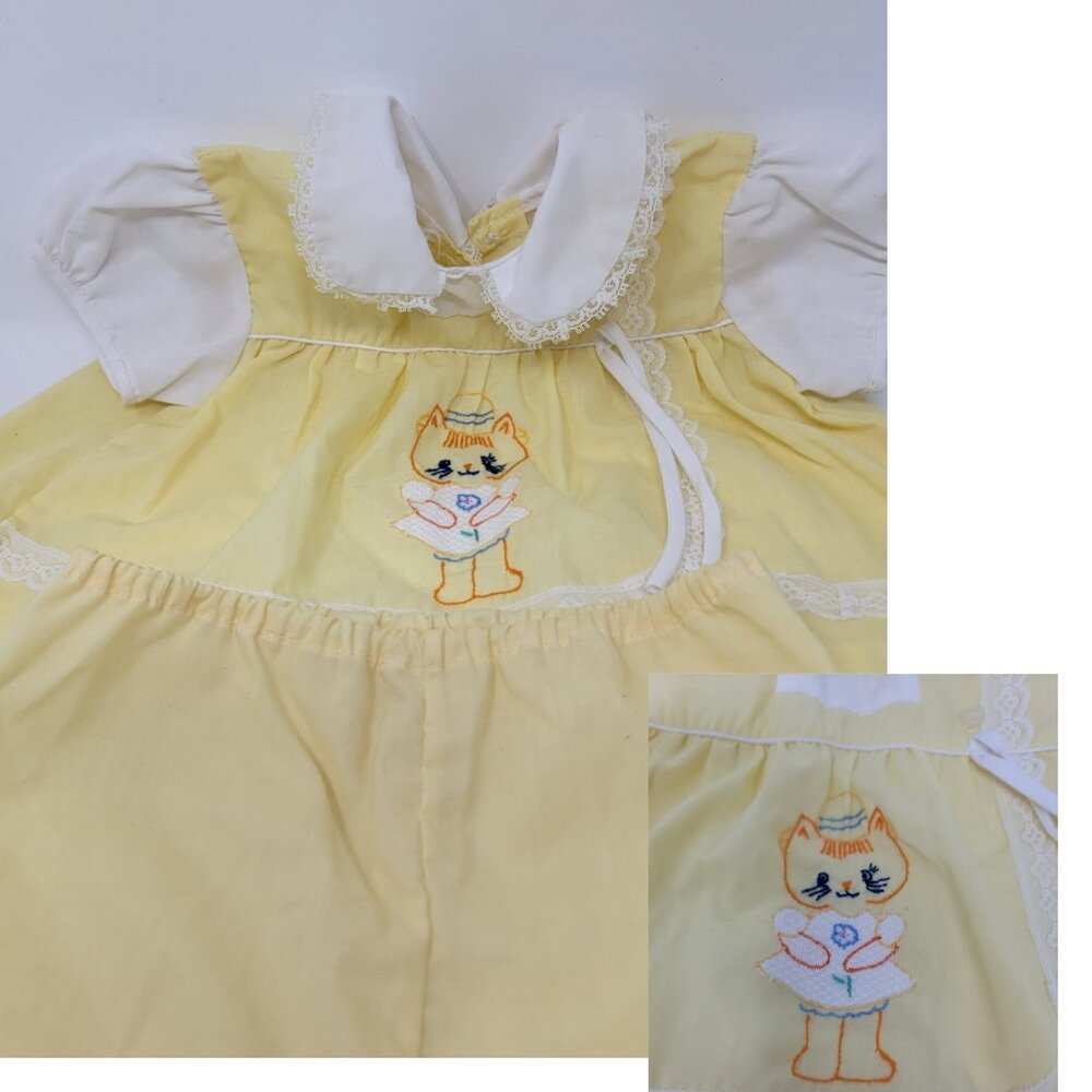 🌼 Vintage Yellow Baby 2-Piece Set | Handmade | Embroidered Kitten *READ*